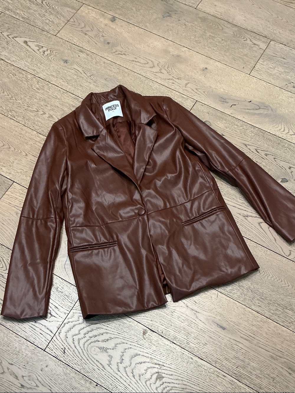 Woman’s Princess Polly brown pleather one button blazer. S/M. Lined. Like new!